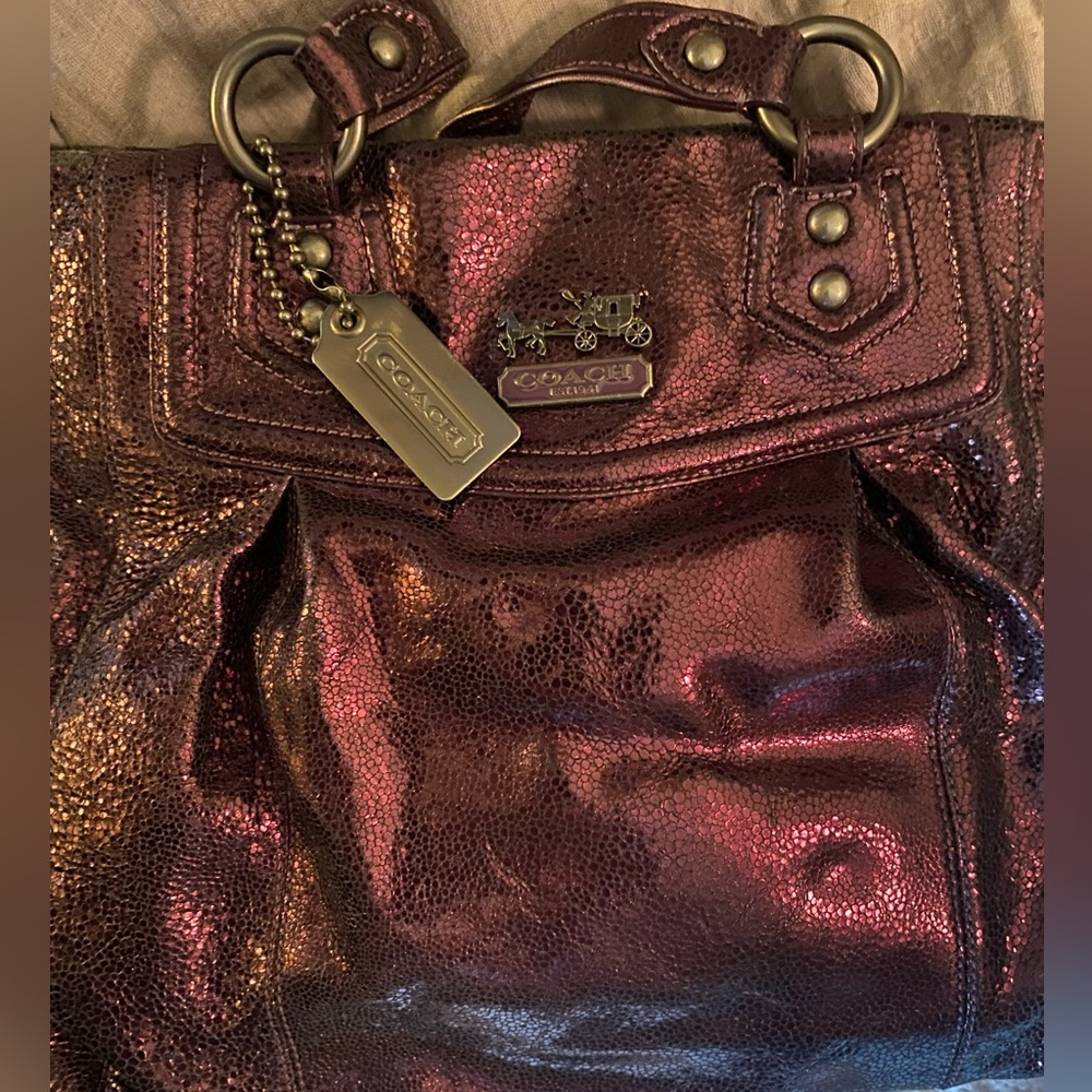Coach shimmery purple vintage leather bag with chain strap and top handles